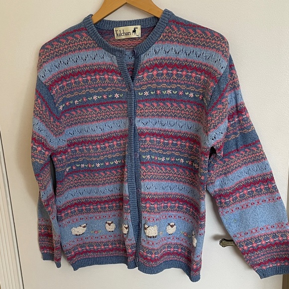 Tulchan Sweaters - Size XL Tulchan Lamb Cardigan Blue and Pink Patterned